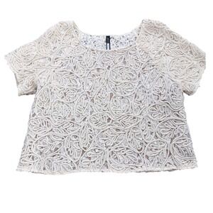 Plenty by Tracy Reese Cream Lace Soutache Floral Short Sleeve Crop Top Womens M